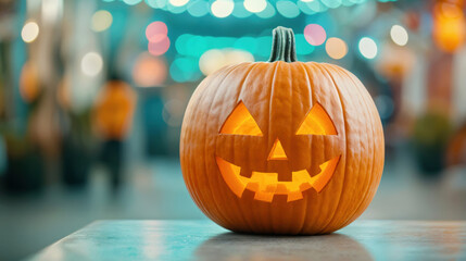 Aufkleber - Halloween pumpkin sitting on empty table at night with bokeh lights