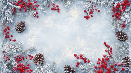 Poster - Snowy Christmas border with icy red berries, pinecones, and frosted branches, evoking the cold and excitement of new beginnings. Copy space in the middle.