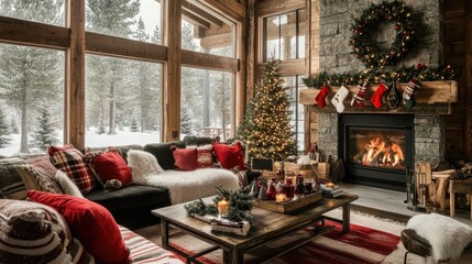 Sticker - A beautifully decorated rustic living room for Christmas, with big windows letting in light, a roaring fireplace, and charming holiday