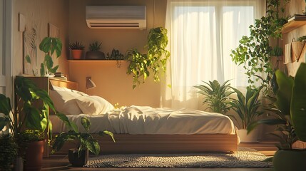 Sticker - A bright and inviting interior of a daylit room featuring a cozy double bed, air conditioning unit, and an abundance of plants