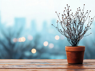 Poster - Dry plant in a terracotta pot standing on a wooden surface