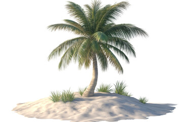 Poster - Lush palm tree on a small sandy island, surrounded by greenery, creating a tropical paradise vibe.