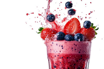 Poster - Refreshing berry smoothie with splashes, topped with strawberries and blueberries, served in a tall glass.