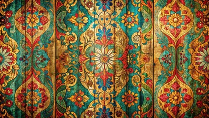 Poster - Vintage Floral Pattern on Weathered Wooden Planks