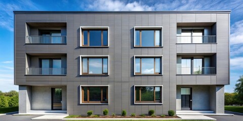 Poster - Modern gray building with large windows and balconies