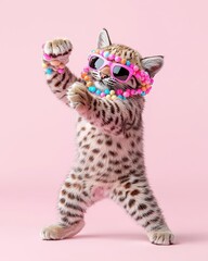 Playful cat in sunglasses and accessories dancing on a pink background.