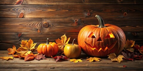 Poster - A Carved Pumpkin Glowing With Light Amidst Autumn Leaves on a Rustic Wooden Background