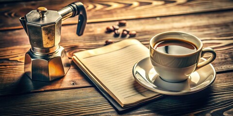 Poster - A cup of coffee and a notebook on a rustic wooden table, a perfect setting for contemplation and creativity.