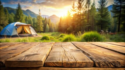 Poster - Rustic Wooden Tabletop with Blurred Background of a Campsite in the Forest at Sunset