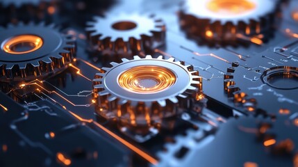 Poster - Metallic Gears with Glowing Circuits on Dark Background