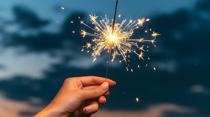 Poster - Close up of a hand holding a bright glowing sparkler in front of a dark outdoor background during a sunset celebrating Independence Day or other festive occasion with a cheerful celebratory mood