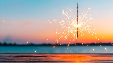Poster - Sparkling Sparkler Glowing in the Fading Light of a Sunset Symbolizing the Joyful and Sense of Freedom Experienced Outdoors in Nature