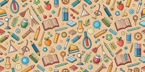 Poster - A Colorful and Vibrant Seamless Pattern Filled with Educational Supplies, Nature Elements, and Geometric Shapes