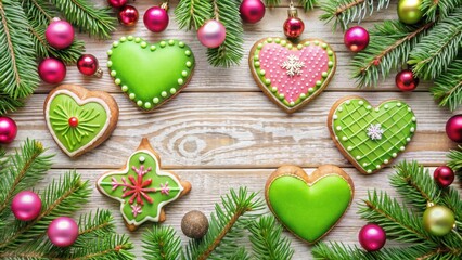 Poster - Festive Holiday Decor With Green And Pink Cookies And Ornaments Surrounding A Rustic Wooden Background