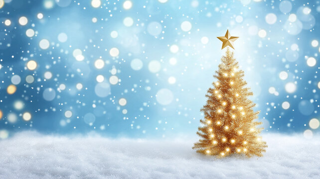 Golden Christmas tree in the snow on a shiny blue background with copy space