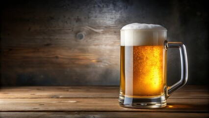 Poster - A frosty mug filled with golden beer rests on a weathered wooden table, inviting a moment of relaxation and enjoyment.