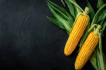 a close-up view of two fresh ears of corn with their husks displayed against a dark, textured backgr