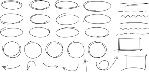 Leinwandbilder - Hand drawn highlight, arrows, text underline strokes and emphasis marks. Set of ellipses, rectangles, squares, ovals and marks. Collection of brush doodle elements and shapes for message notes