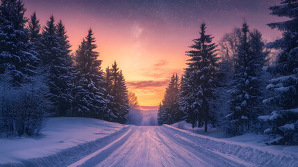 Road Leading Towards Colorful Sunrise Between Snow-Covered Trees: A road leading towards a colorful sunrise with snow-covered trees, framed by an epic Milky Way in the sky.