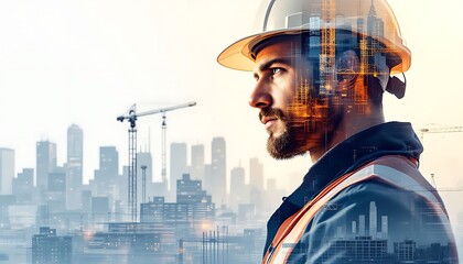 Construction Worker Cityscape Double Exposure Vision