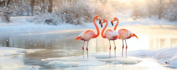 Three flamingos standing gracefully on a frozen lake in winter scenery