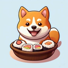 Wall Mural - cute shiba inu dog holding sushi cartoon