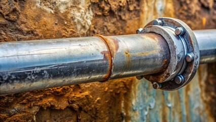 Poster - A close-up view of a rusty metal pipe with a bolted flange, showcasing the wear and tear of industrial infrastructure