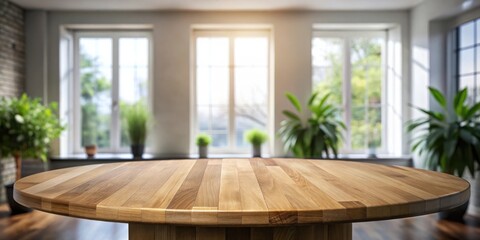 Poster - Empty Wooden Tabletop with a View of Bright Windows and Plants