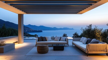 Poster - A luxurious outdoor terrace with modern furniture, soft lighting, and a stunning seaside view, mountains in the distance