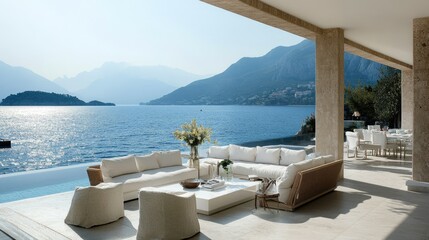 Poster - A luxurious seaside terrace with stylish furniture and decor, overlooking the sea and mountains in the distance