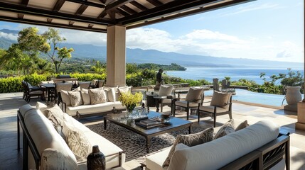 Poster - A sophisticated outdoor living area with plush furniture and elegant decor, offering a view of the ocean and mountains