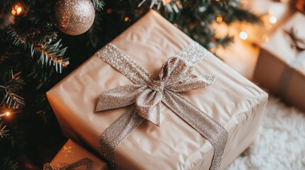 A close-up of a beautifully wrapped Christmas gift with a shiny bow, sitting under a decorated tree