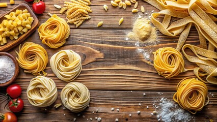 Poster - A Rustic Wooden Table Displayed with Various Types of Dried Pasta, Including Long Noodles, Short Pieces, and Twisted Shapes, Ready for Cooking