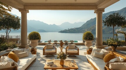Poster - An elegant patio with luxurious seating and decor, set against a stunning seaside backdrop with mountains in the distance