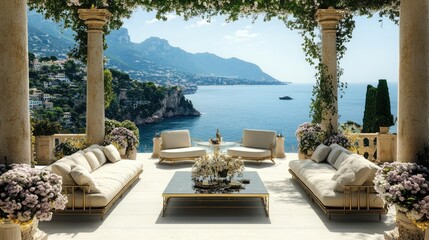Poster - An elegant patio with luxurious seating and decor, set against a stunning seaside backdrop with mountains in the distance