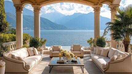 Poster - An elegant patio with luxurious seating and decor, set against a stunning seaside backdrop with mountains in the distance