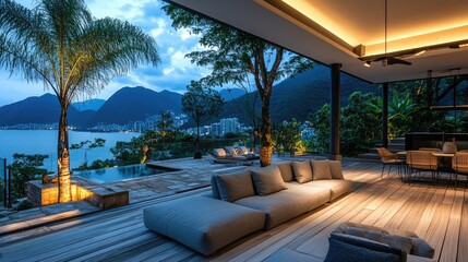 Poster - A beautifully designed outdoor space with luxurious furniture, stylish lighting, and a view of the mountains and ocean