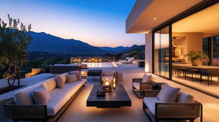 Poster - A beautifully designed outdoor space with luxurious furniture, stylish lighting, and a view of the mountains and ocean