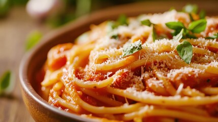 Close-up of a delicious plate of spaghetti with tomato sauce and fresh basil, topped with grated cheese.