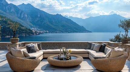 Poster - A beautifully designed outdoor space with luxurious seating and decor, with a view of the sea and mountains in the background