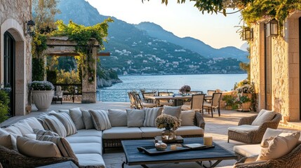 Poster - A beautifully designed outdoor space with luxurious seating and decor, with a view of the sea and mountains in the background