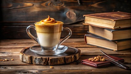 Poster - Aromatic Latte with Creamy Foam in a Glass Cup on Wooden Surface with Books and Nuts