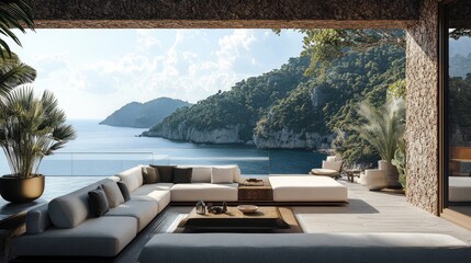 Poster - A luxurious outdoor living area with modern furniture, elegant design, and a beautiful view of the sea and mountains