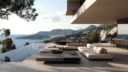 Poster - A luxurious outdoor living area with modern furniture, elegant design, and a beautiful view of the sea and mountains