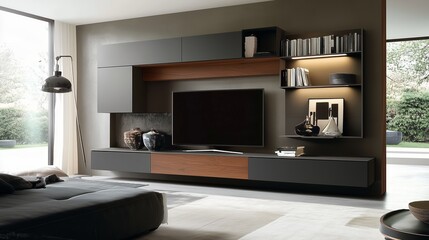 Poster - Modern living room with sleek furniture and stylish decor, featuring a light-filled space and a chic television unit