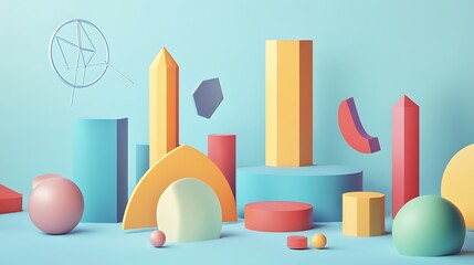 Poster - Abstract 3D Composition with Colorful Geometric Shapes on a Light Blue Background