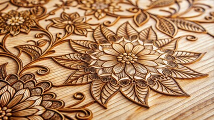 Aufkleber - Intricate floral patterns carved into a smooth wooden surface, showcasing the artistry of woodcarving