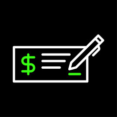 Poster - Cheque instrument, Money check with United States Dollar symbol vector icon in line style design for website, app, UI, isolated on black background. Editable stroke. Vector illustration.
