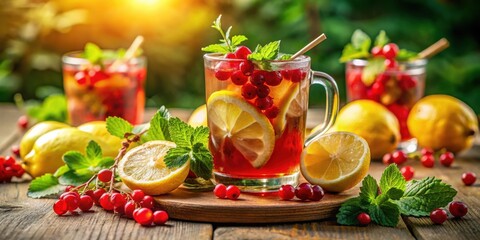 Aufkleber - Refreshing Summer Beverage with Lemon and Red Berries on Wooden Table