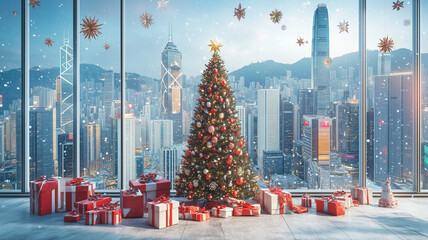 A panoramic view from an apartment with a Christmas tree with transparent windows overlooking the futuristic city